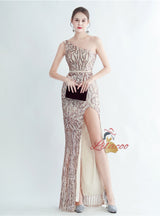 Mermaid One Shoulder Sequins Split Prom Dress