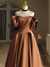 Brown Satin Off the Shoulder Pleats Prom Dress