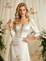 Beige Satin Long Sleeve Beading Wedding Dress