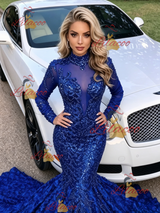 Blue Mermaid Sequins Long Sleeve Prom Dress