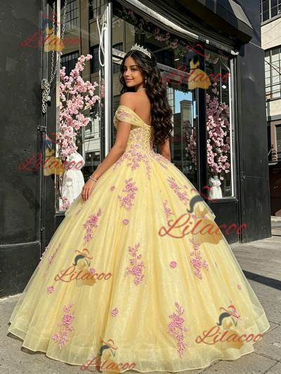 Yellow Tulle Off the Shoulder Appliques Quinceanera Dress