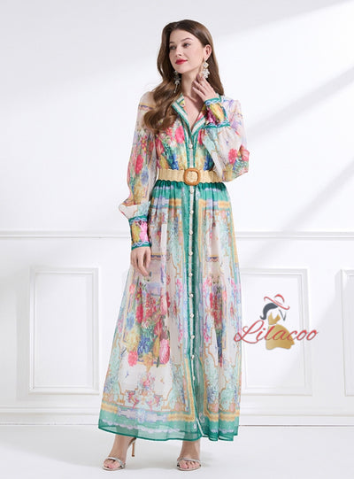 Retro Palace Printed Breasted Dress