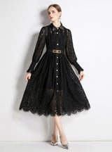 Hollow Lace Long Sleeve Black Dress