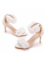 White Flowers Shallow Heels Sandals