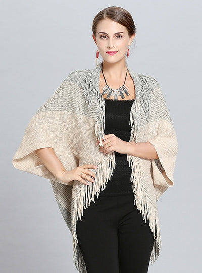 Loose Striped Fringed Cardigan Shawl Cloak