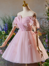 Pink Tulle Off the Shoulder Pleats Homecoming Dress