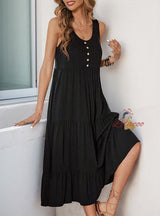 Strap Button Pocket Sleeveless Solid Color Dress