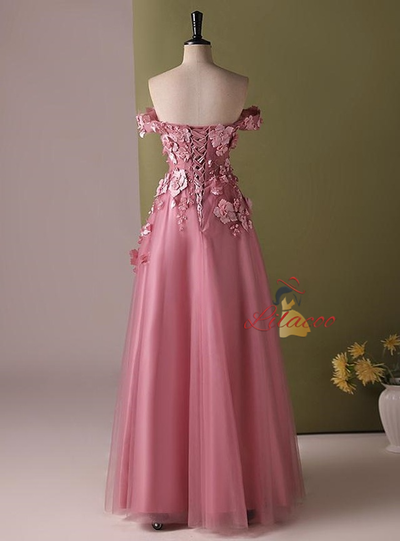 Pink Tulle Off the Shoulder 3D Flower Prom Dress