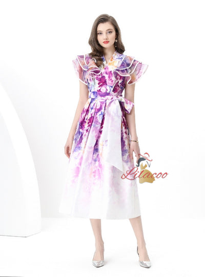 Lotus Leaf V-neck Slim Printed Long Dress