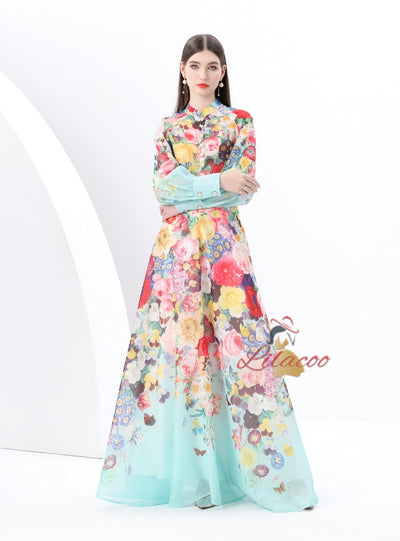 Long Sleeve Retro Print Dress