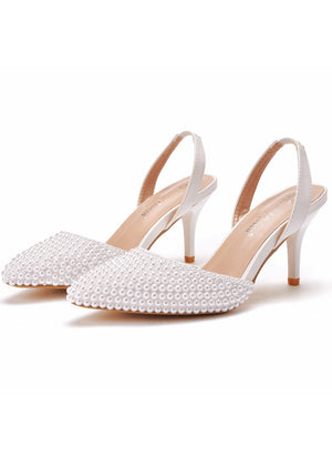 Pointed White Pearl Stiletto Heels Sandals