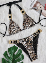 Sexy Leopard Diamond Low Waist Bathing Suit