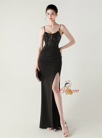 Mermaid Spaghetti Straps Appliques Split Prom Dress