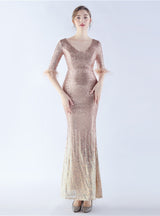 V-neck Short Sleeve Sequins Prom Dress