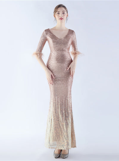 V-neck Short Sleeve Sequins Prom Dress