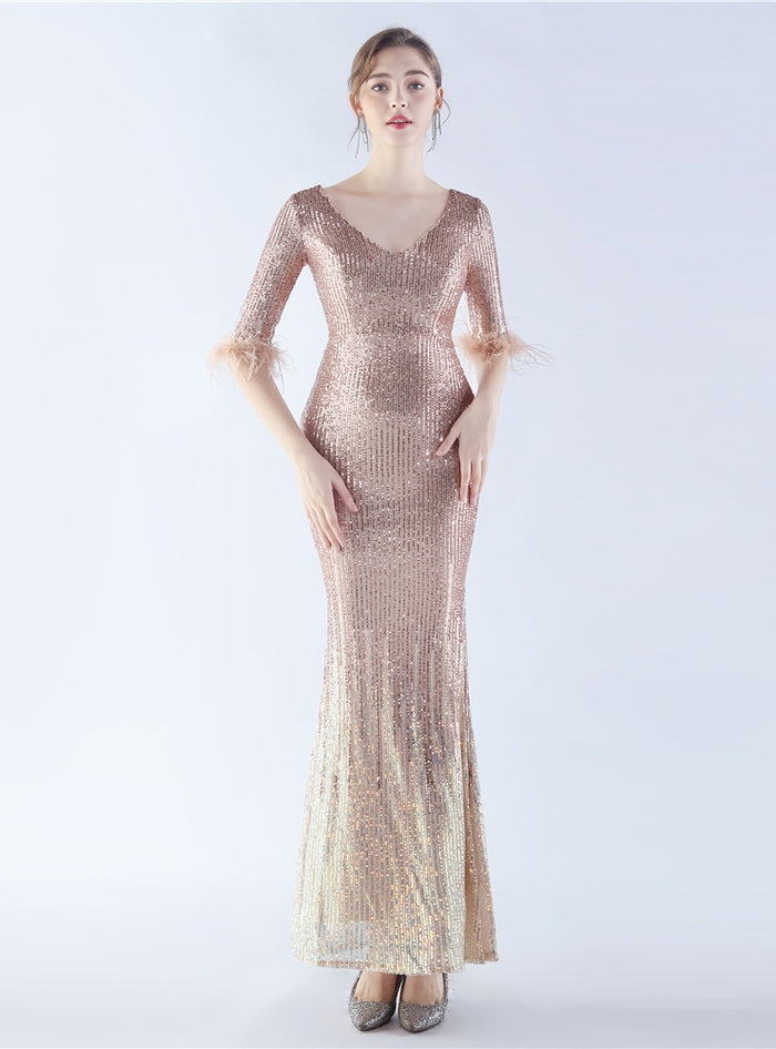 V-neck Short Sleeve Sequins Prom Dress