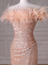 Champagne Mermaid Sequins Feather Prom Dress