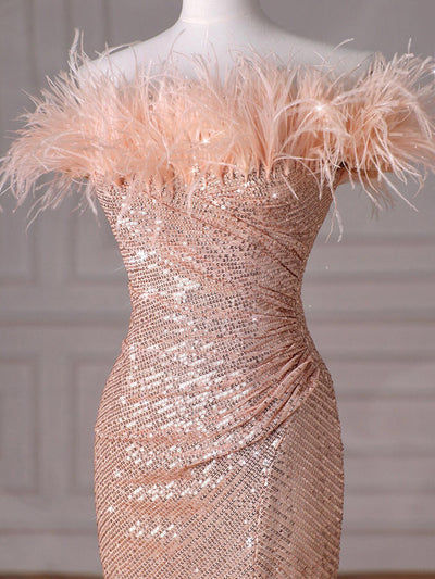 Champagne Mermaid Sequins Feather Prom Dress