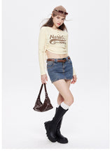 Drawstring Tie Round Neck Letter Long Sleeve T-shirt