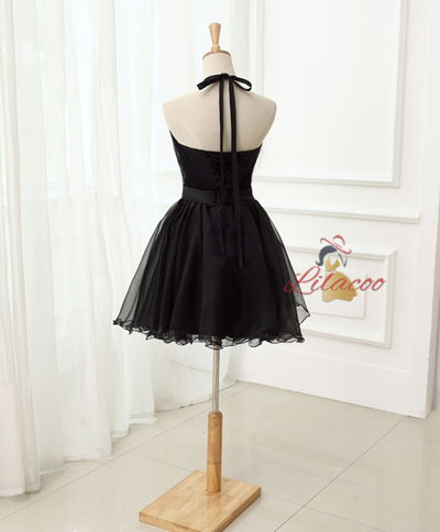 Black Halter Tulle Beading Homecoming Dress