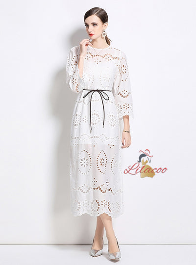 Retro Round Neck Embroidered Dress