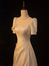 White Satin Short Sleeve Pleats Wedding Dress