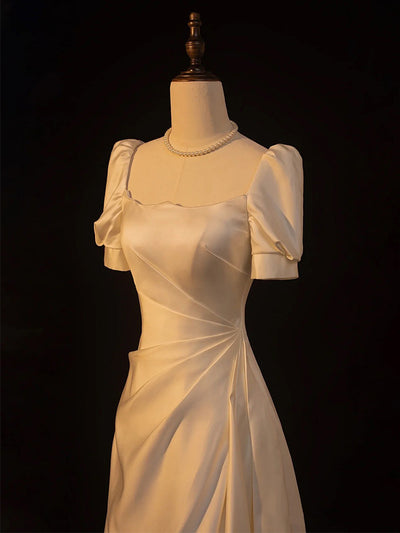 White Satin Short Sleeve Pleats Wedding Dress