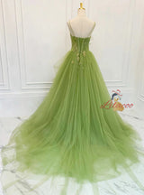 Green Tulle Spaghetti Strap Beading Prom Dress