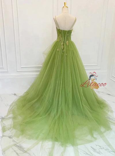 Green Tulle Spaghetti Strap Beading Prom Dress