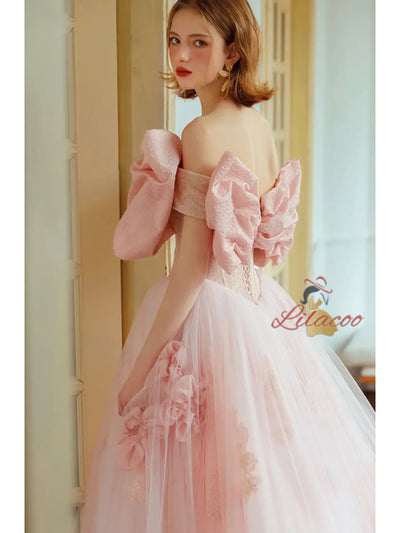 Pink Tulle Off the Shoulder Bow Prom Dress