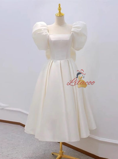 Ivory Satin Square Puff Sleeve Wedding Dress