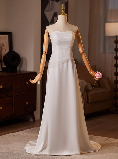 Simple White Pleats Wedding Dress