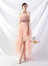 Hi Lo Tulle Strapless Sequins Prom Dress
