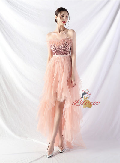 Hi Lo Tulle Strapless Sequins Prom Dress