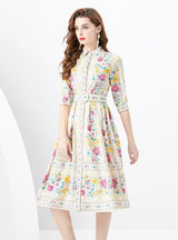 Retro Palace Short Sleeve Lapel Printed Dress