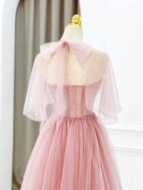 Pink Tulle Strapless Pleats Beading Prom Dress