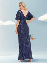 Short-sleeved V-neck Sequins Evening Dress