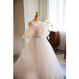 White Tulle Strapless Pleats Wedding Dress
