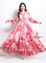 Flower Print Shirt Neck Long Sleeve Dress