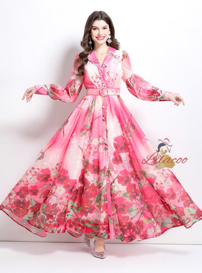 Flower Print Shirt Neck Long Sleeve Dress