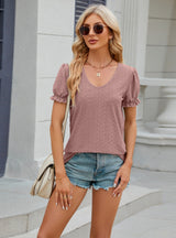 Solid Color V-neck Loose Short-sleeved T-shirt