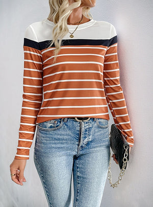 Casual Round Neck Striped Long-sleeved Shirt