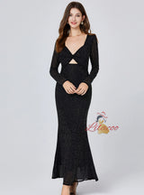 Long Sleeve Sequined Rhinestone Dress