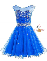 Blue Tulle Backless Beading Crystal Homecoming Dress