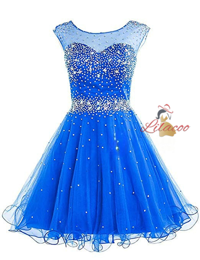 Blue Tulle Backless Beading Crystal Homecoming Dress