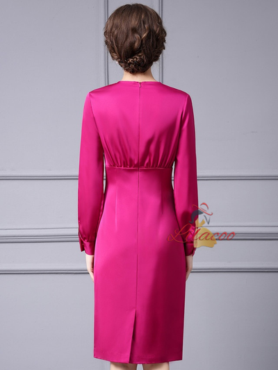 Fuchsia Satin Long Sleeve Mother Of the Brides Dress