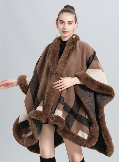 Plaid Fur Collar Shawl Cloak Shawl