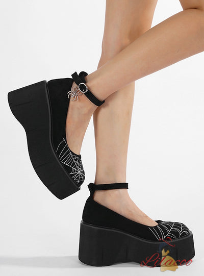 Retro Thick-soled Spider Web Wedge Mary Jane Shoes