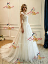 White Tulle Straps Lace Wedding Dress