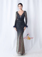 Burgundy Long Sleeve Sequins Prom Dress